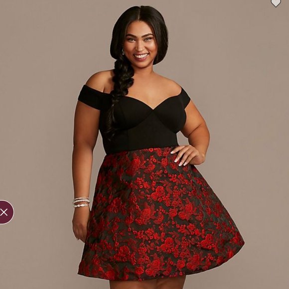 NEW! Plus Size Off-the-Shoulder Dress with Floral Skirt - NWT - Black and Red - Picture 1 of 6